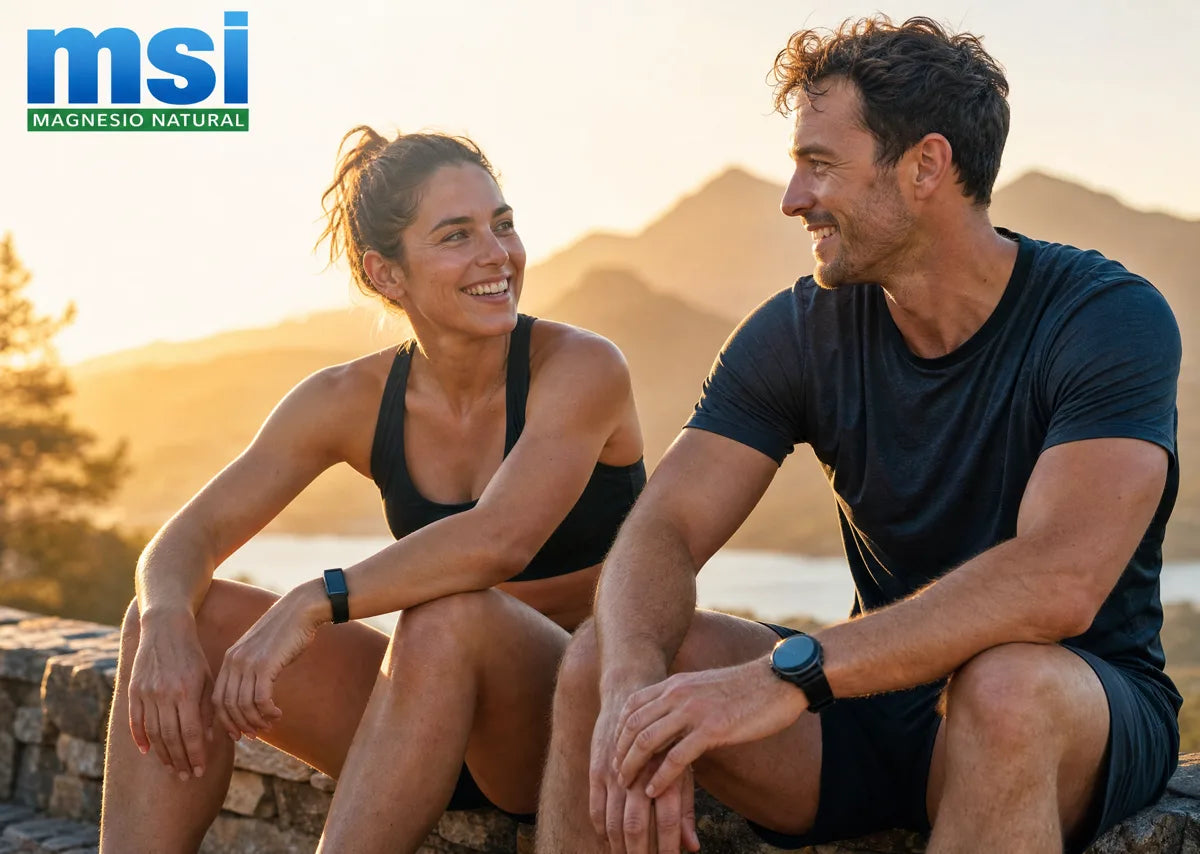 Pareja deportista al atardecer en la montaña — MSI Magnesio Natural
