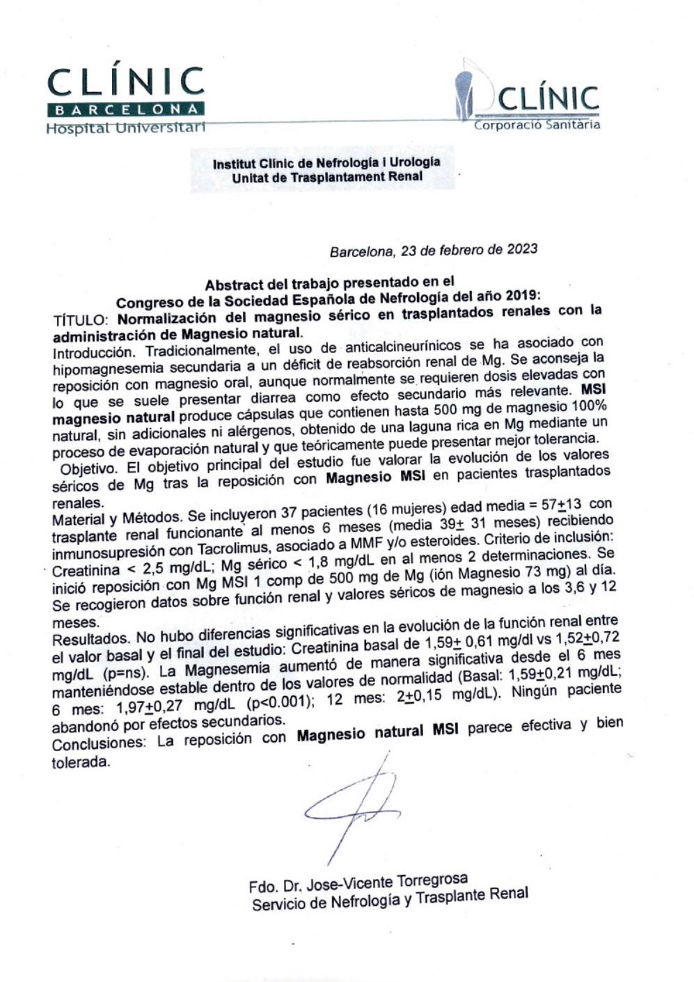 Abstract del estudio presentado al Congreso de la Sociedad Española de Nefrología (2019). Servicio de Nefrología y Trasplante Renal, Hospital Clínic de Barcelona.